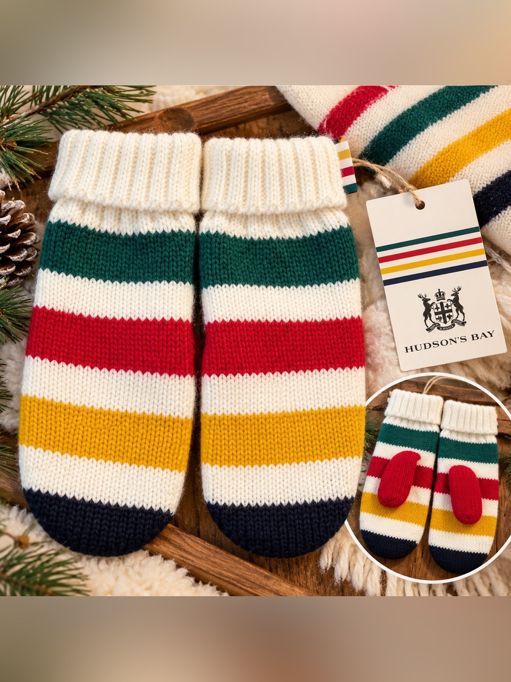HUDSON’S BAY- Classic Striped Knit Mittens - Cream, Green, Red, Yellow, Navy